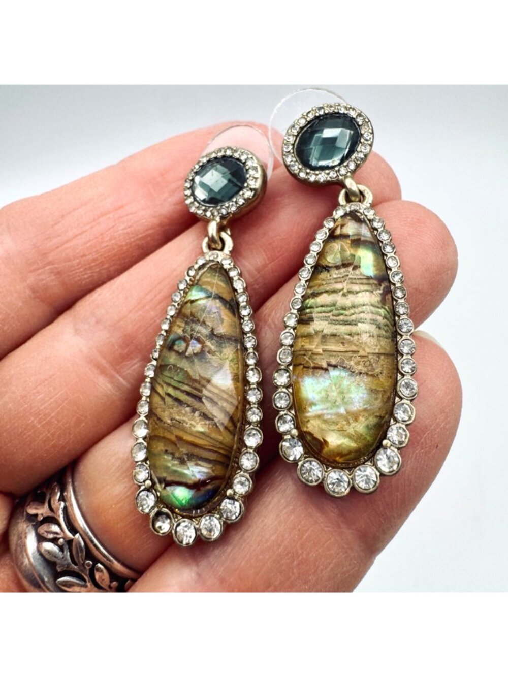 Boho Chic Art Glass Drop Dangle Earrings CZ Pave Trim Gold Washed tests at 12kt - Picture 4 of 8